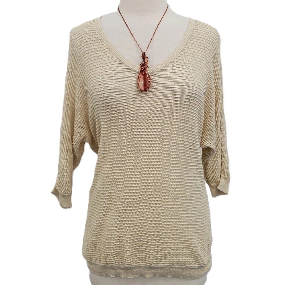 Torrid Womens 2 Beige Gold Metallic Knit V-Neck Dolman Sleeve‎ Sweater Top Boho